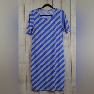 LuLaRoe Julia Purple and Gray Striped Midi Dress